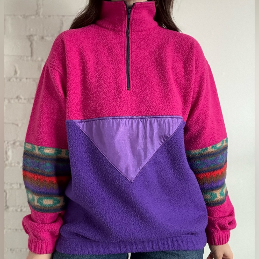 90s Vintage Colorful Fleece Pullover with Half-Zip Sweater Size Large